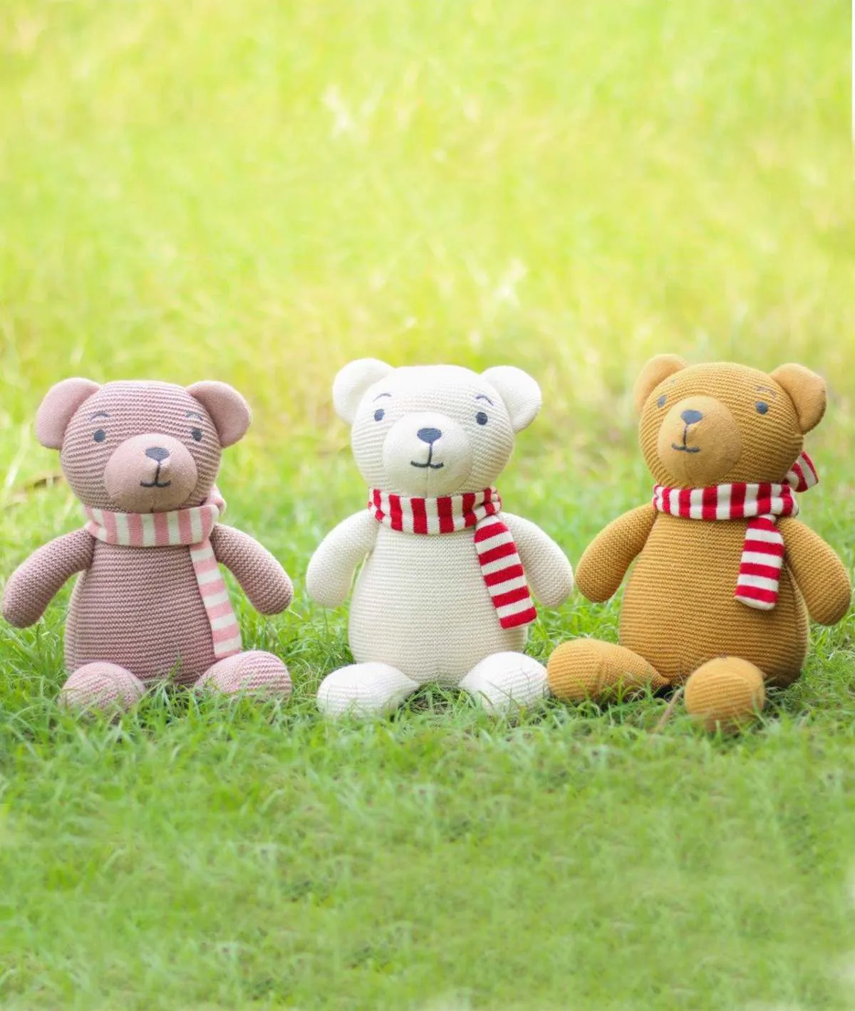 Baby Bear with Scarf Cotton Knitted Stuffed Soft Toy for Babies & Kids (Mustard, Red & Natural)