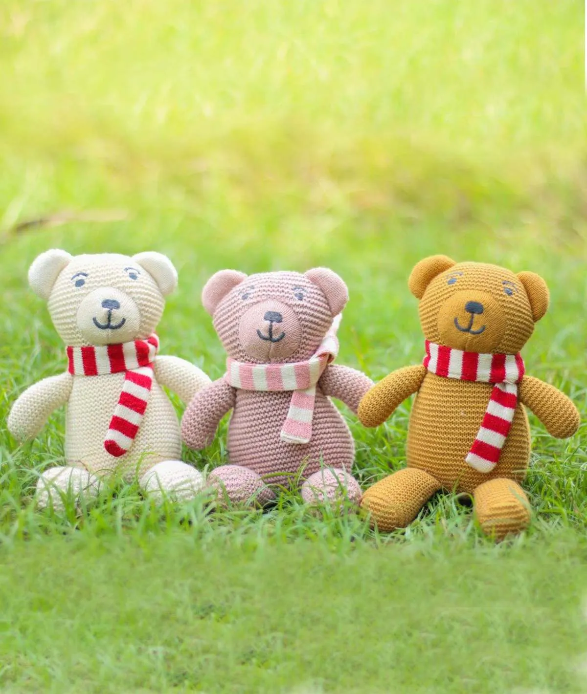 Baby Bear with Scarf Cotton Knitted Stuffed Soft Toy for Babies & Kids (Mustard, Red & Natural)