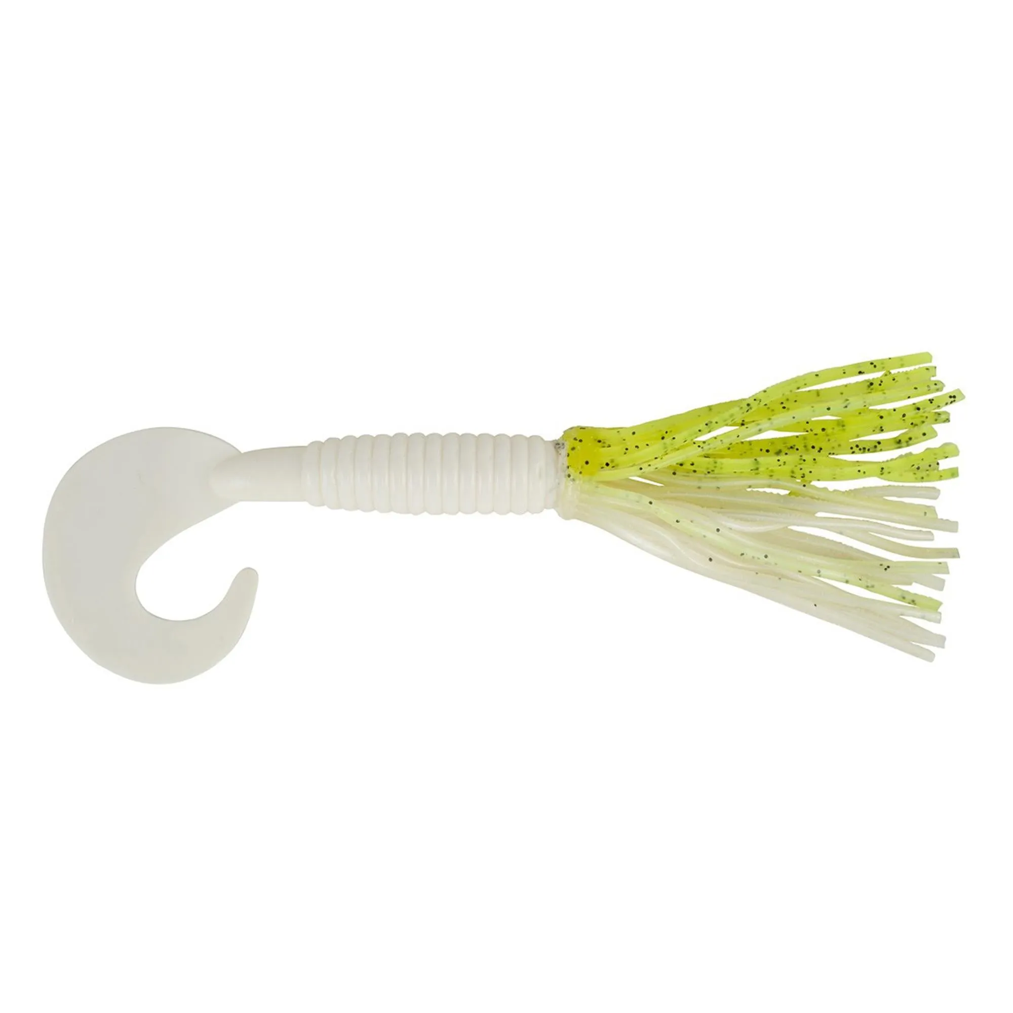 Bearded Single Tail Grub Soft Bait - 3 1-2" Length, Chartreuse Shad-White, Per 6