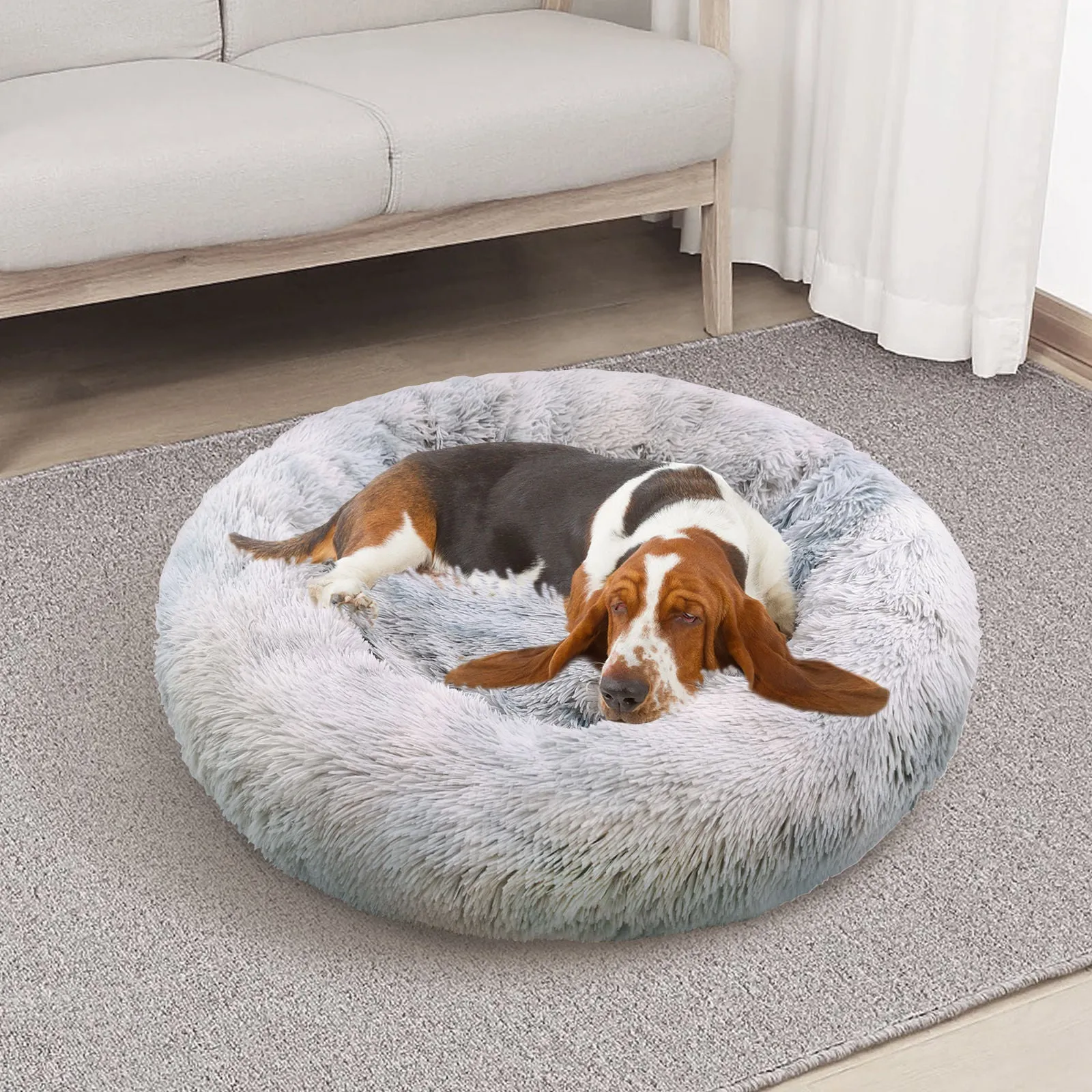 Calming Soft Round Plush Pet Bed, Light Gray, Large, 90cm