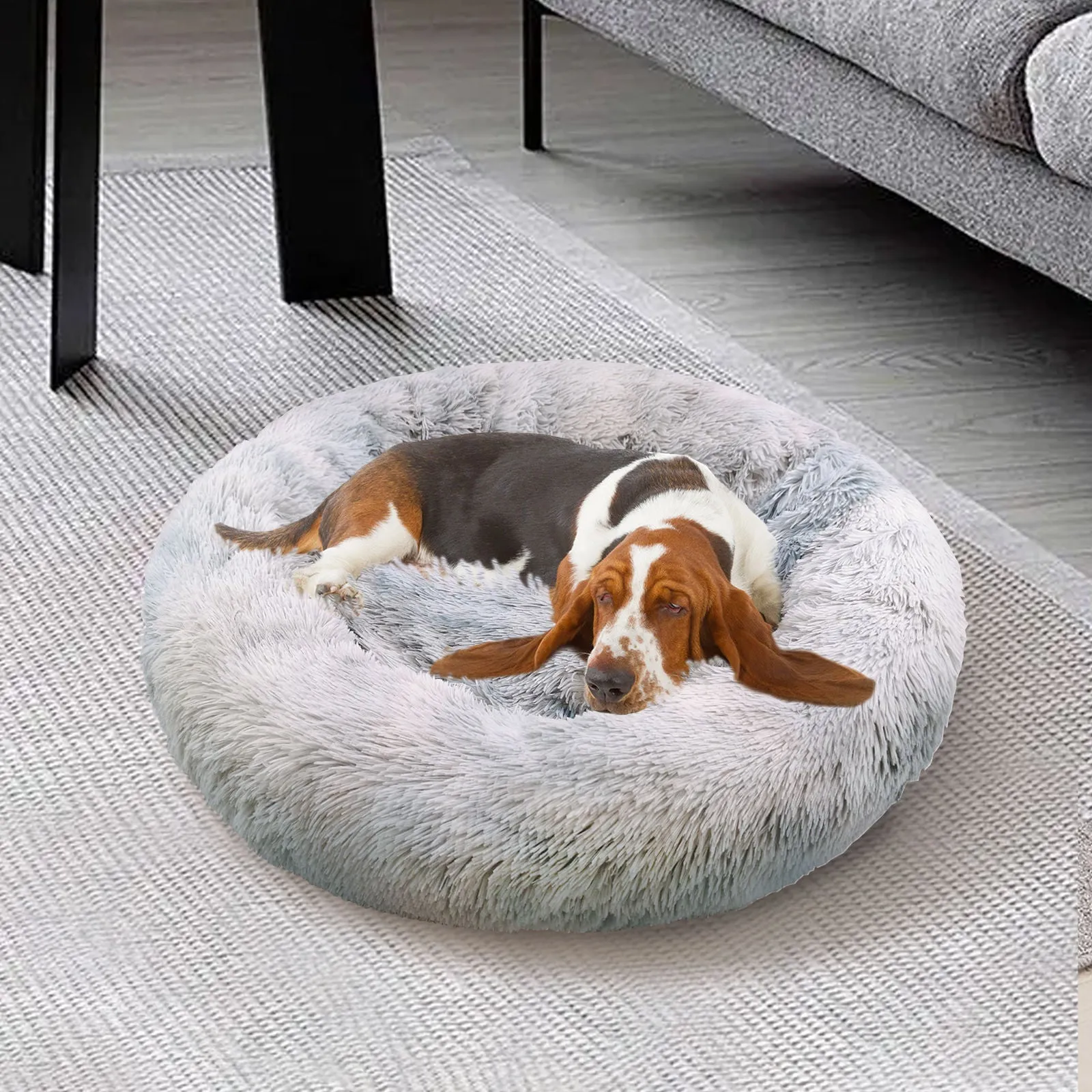 Calming Soft Round Plush Pet Bed, Light Gray, Large, 90cm