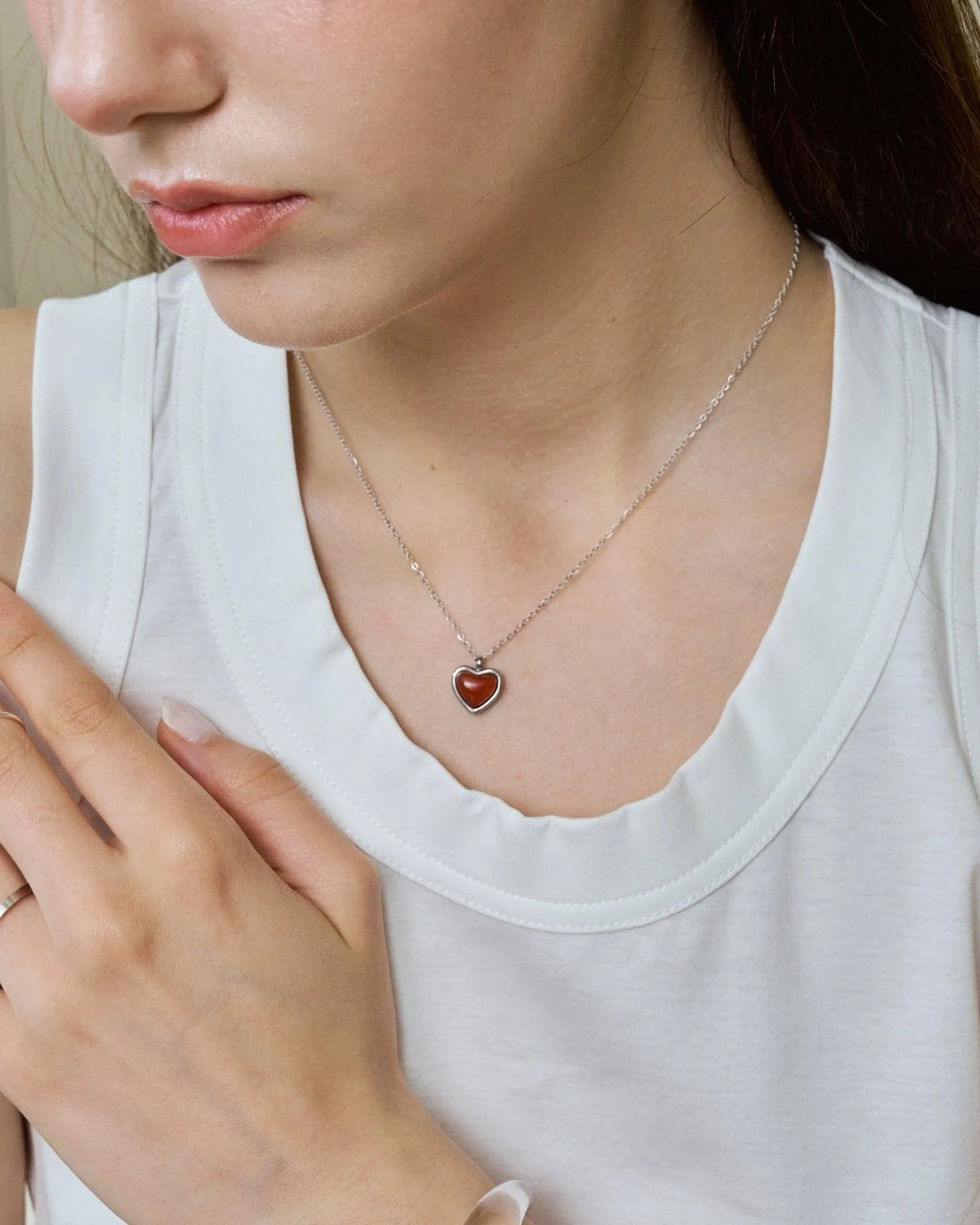 Carnelian Stone Heart Necklace in Silver