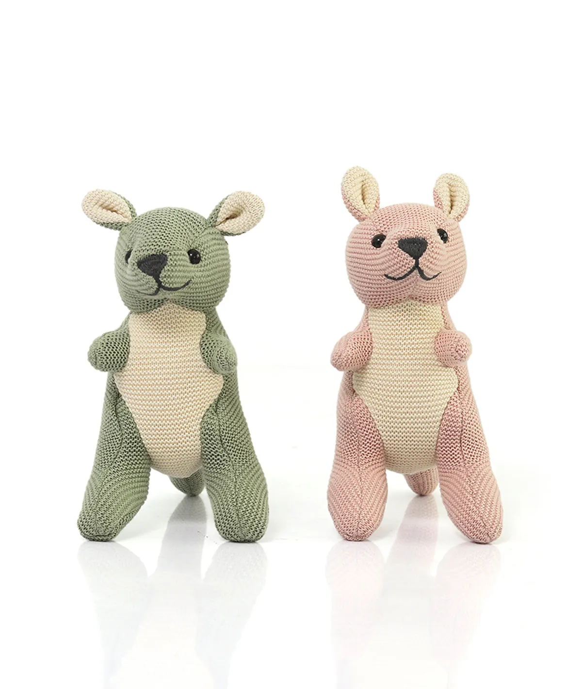 Doodle Kangaroo Rattle Cotton Knitted Stuffed Soft Toy (Pistachio Green & Natural)