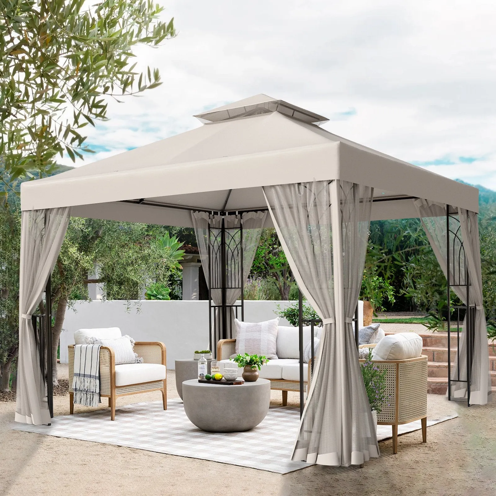 EAGLE PEAK 10x10 Patio Gazebo with Screen Walls and Corner Shelves