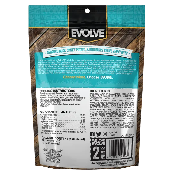 Grain Free Duck, Sweet Potato & Blueberry Jerky Bites | 12 oz | Evolve