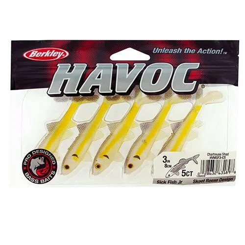 Havoc Sick Fish Soft Bait - Junior, 3" Length, Chartreuse Shad, Per 5