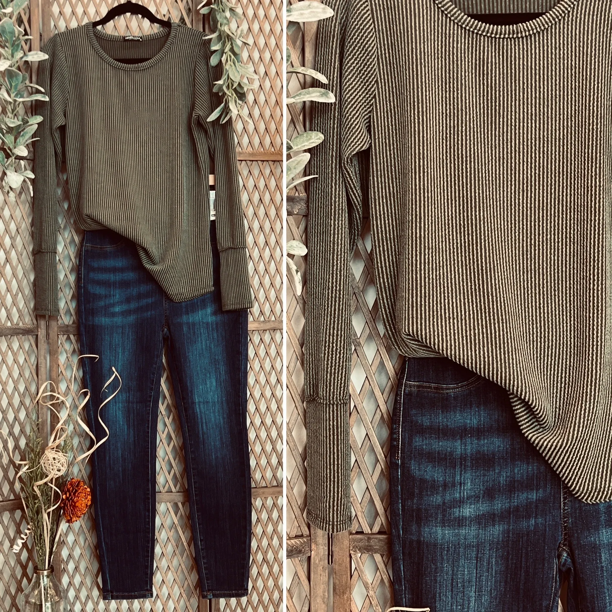 Long Sleeve Solid Urban Ribbed Top w/ Thumbhole: Olive