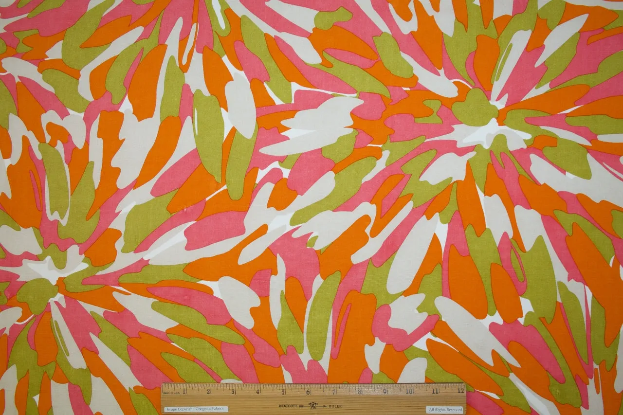 Mid Century Style Floral Silk Linen - Pink/Orange/Green/White