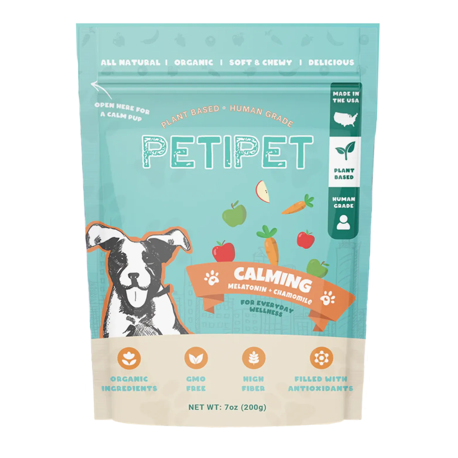 Petipet Calming Bites with Melatonin   Chamomile Apple & Carrot Flavored Soft Chew Calming Supplement for Dogs, 7-oz bag