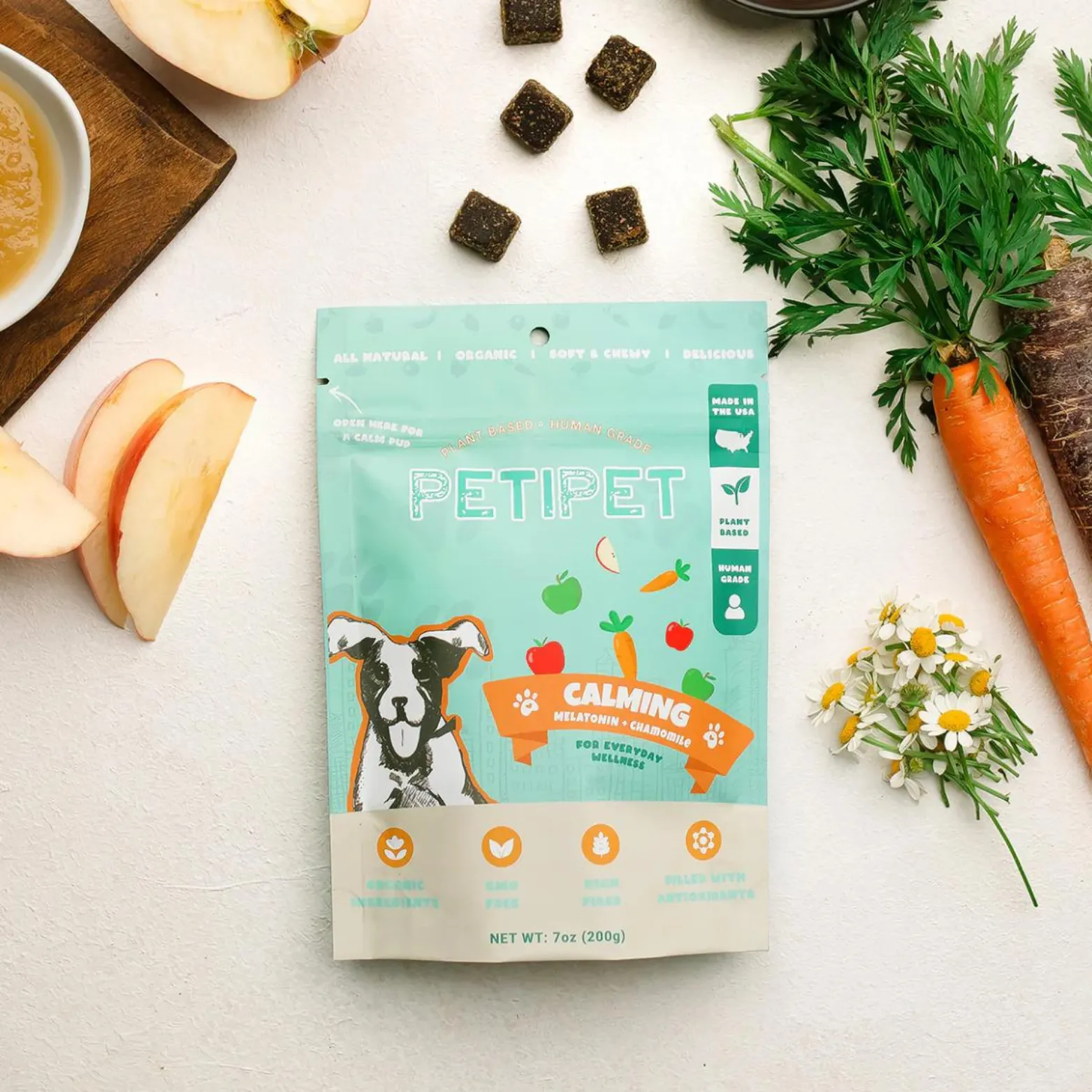 Petipet Calming Bites with Melatonin   Chamomile Apple & Carrot Flavored Soft Chew Calming Supplement for Dogs, 7-oz bag