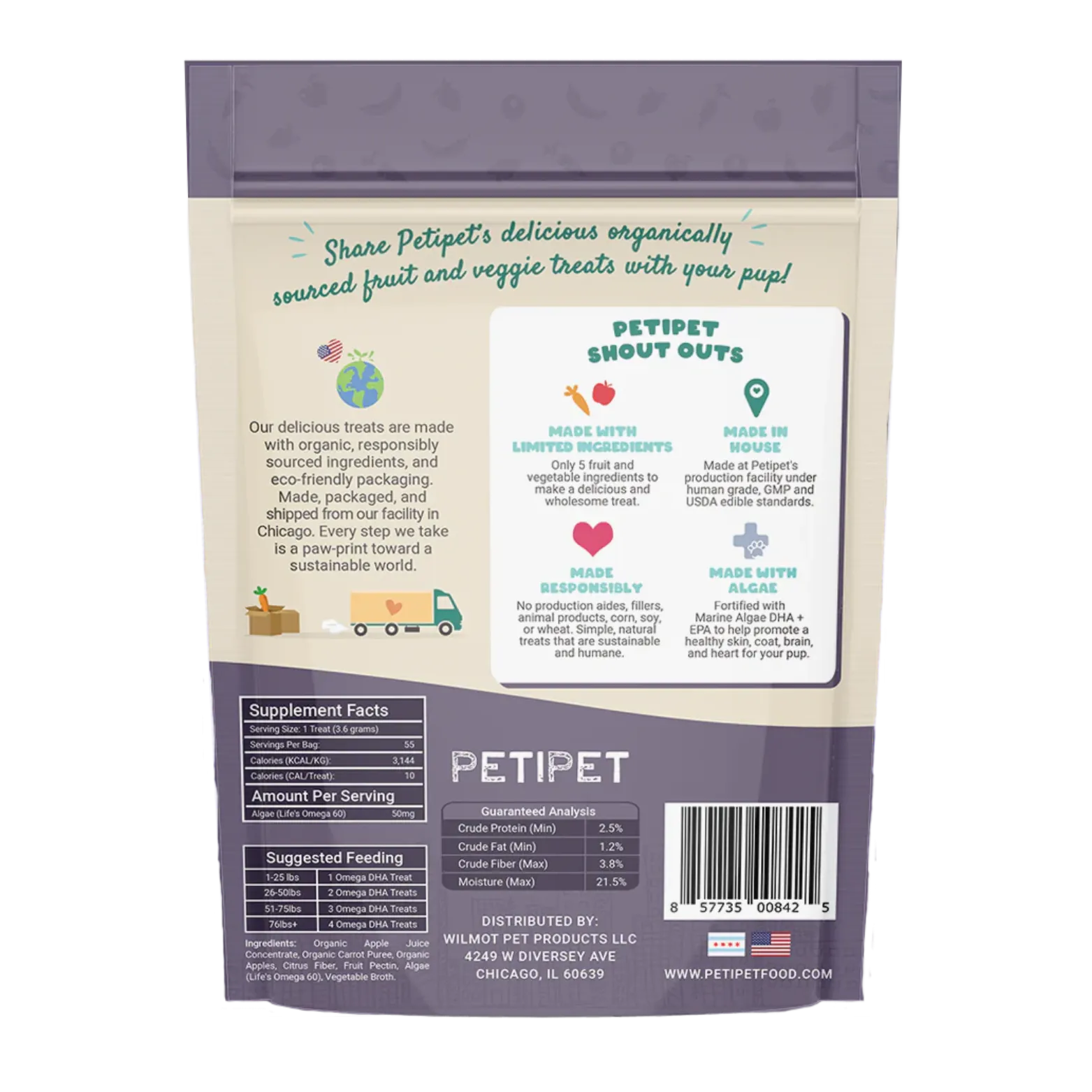 Petipet Omega DHA Bites with Marine Algae DHA   EPA Apple & Carrot Flavored Soft Chew Brain & Heart Health Supplement for Dogs, 7-oz bag