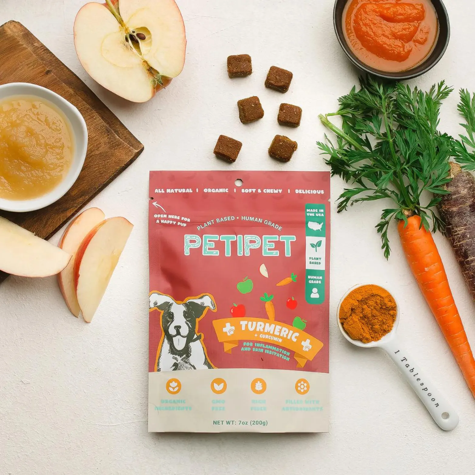 Petipet Turmeric Bites   Curcumin Apple & Carrot Flavored Soft Chew Anti-Inflammatory Supplement for Dogs, 7-oz bag